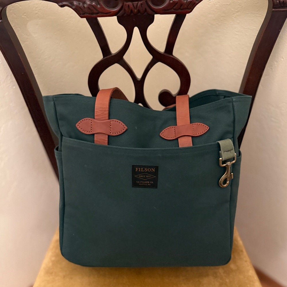 Filson Forest Green Tote with Tan Straps